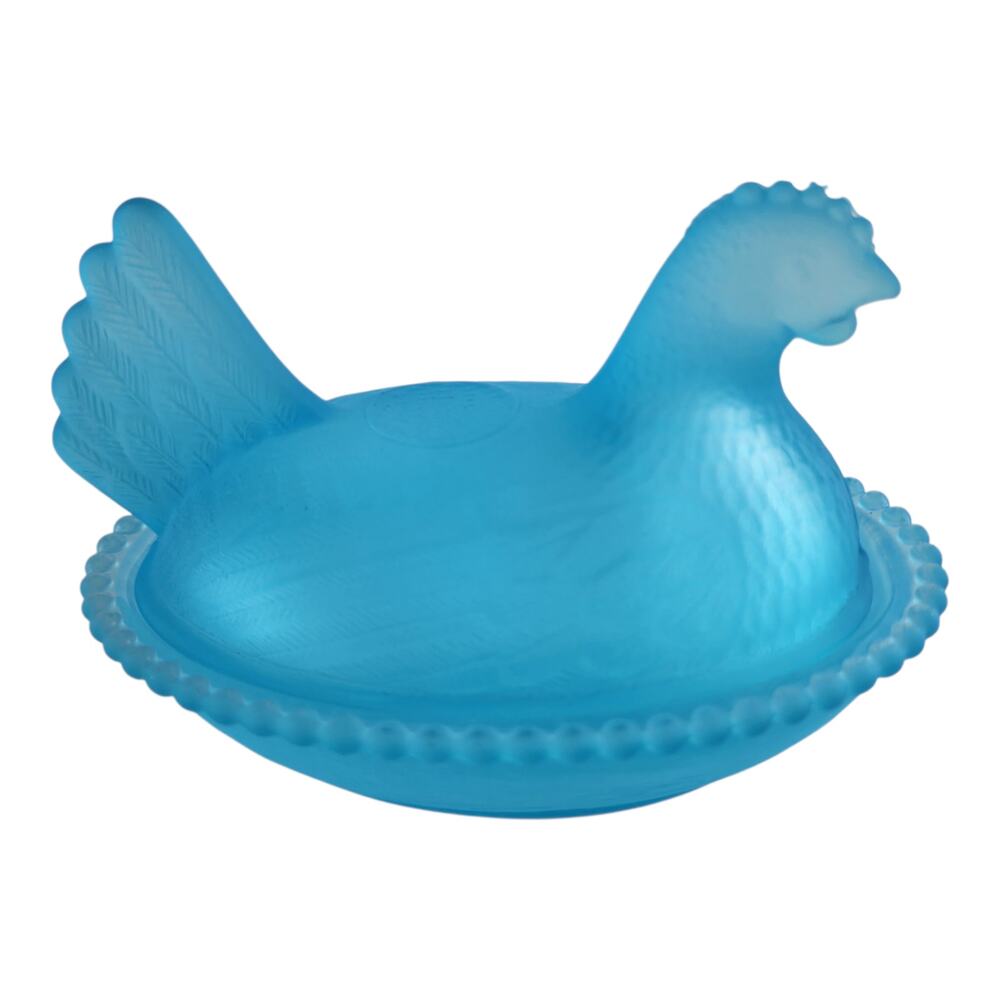 Satin Blue Small Hen on Nest Covered Dish Beaded